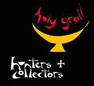 A red, yellow and black screen print, the text ‘holy grail’ in a vessell on the Hunters & Collectors’ 1993 ‘Holy Grail’ single cover