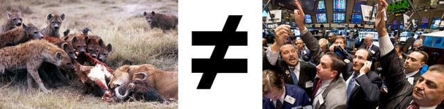 A collage of a hyenas jostling to feed on a carcasss, a does not equal symbol, and stock traders haggling on the floor.