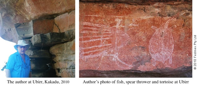 Left: Jeremy Griffith at Ubirr, Kakadu, Australia 2010; Right: Jeremy Griffith’s photo of spear thrower and tortoise aboriginal rock art at Ubirr