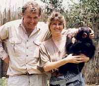 Jeremy with Dr Susanne Abildgaard and common chimp at Jane Goodall's Chimpanzee Rehabilitation Centre in Burundi