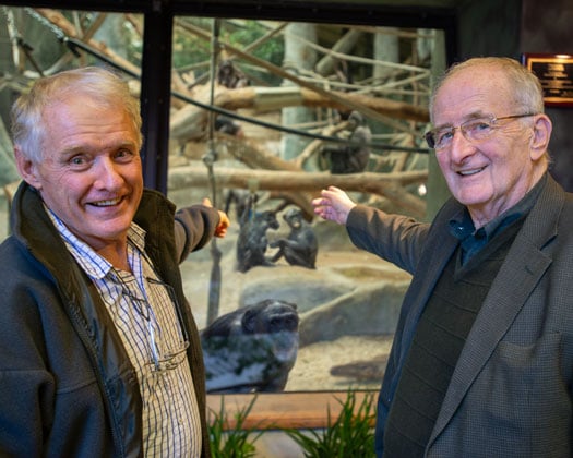 Jeremy Griffith with Harry Prosen in front of bonobo enclosure