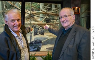 Jeremy Griffith and Harry Prosen at the Milwaukee Zoo bonobo enclosure