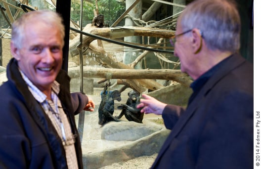 Jeremy Griffith and Professor Harry Prosen in front of the Bonobo exhibit at the Milwaukee County Zoo, February 2014.