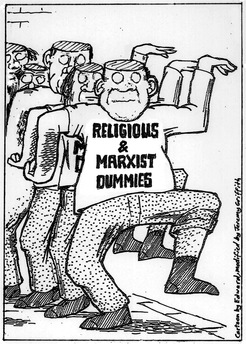 Modified cartoon by Edward, a procession of religious and marxist dummies with the top of their heads cut off.