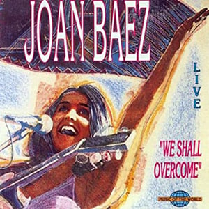 Joan Baez illustrated singing on stage with guitar on her 1993 live ‘We Shall Overcome’ album cover