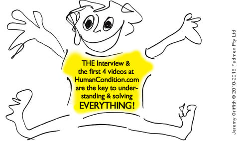 Drawing by Jeremy Griffith of a man jumping with joy and excitement wearing a yellow T-shirt with a message