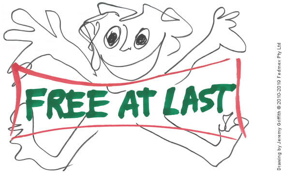 Drawing by Jeremy Griffith of a jumping, smiling excited free man with the banner ‘FREE AT LAST’