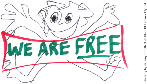 Drawing by Jeremy Griffith of a jumping man with the text ‘WE ARE FREE’