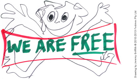 Drawing by Jeremy Griffith a jumping free man with the text ‘WE ARE FREE’