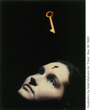 A gold key floating in space, orientated to be inserted in a key hole in the forehead of a woman.