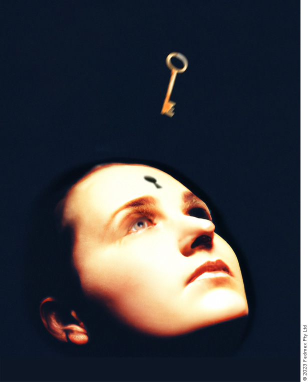 Image of a womens face with a key hole in her forehead and. a key hovering above