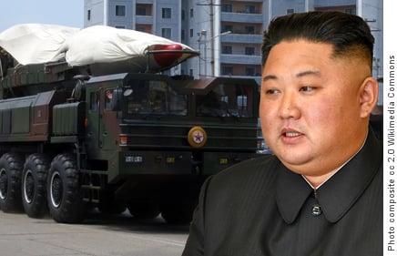 Photo compoiste of Kim Jong-un and North Korean ballistic missile carrier