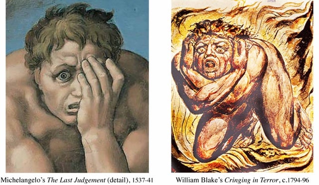 Detail from Michelangelo’s ‘The Last Judgment’ (1537 - 41) and William Blake’s ‘Cringing In Terror’ (1794 - 96)