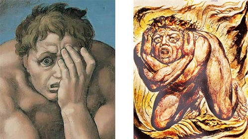 Detail from Michelangelo’s ‘The Last Judgment’ beside detail from William Blake’s ‘Cringing In Terror’
