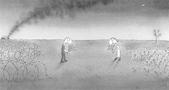 A man with handful of barbed-wire and a woman weeping with a bunch flowers approach each other by cartoonist Michael Leunig