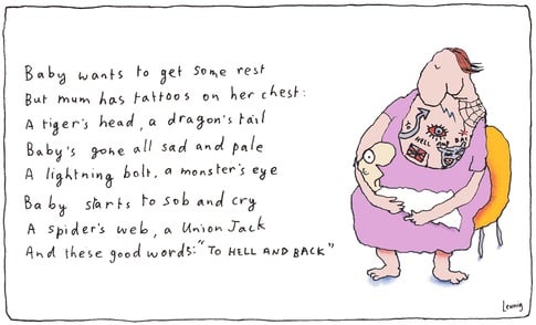 Michael Leunig’s cartoon shows a mother with tattoos (including a tattoo ’TO HELL AND BACK’) breastfeeding her sad and pale child