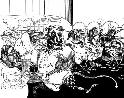 Ralph Steadman’s ‘The Lizard Lounge’ 1971 a phantasmagorical illustration of a bar with men as lizards and women as crows.