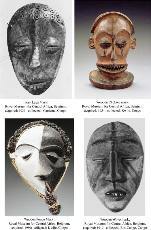 Ivory Lega Mask, Wooden Chokwe Mask, Wooden Pende Mask, and Wooden Woyo Mask.