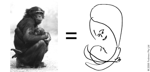 A female Bonobo lovingly holding an adopted infant and a drawing by Jeremy Griffith of Madonna similarly holding a child.