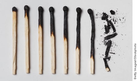 A row of burnt matches, from left to right, from almost a whole match to a completely burnt match to the dust. White background, flat lay.