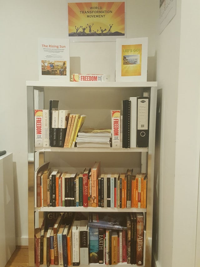 Shelf of books at the Melbourne World Transformation Movement Centre