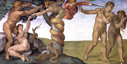 Painting of Adam and Eve’s fall and expulsion from the Garden of Eden by Michelangelo