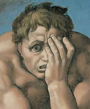A detail from ‘The Last Judgement’ by Michelangelo, 1537-41, of a man looking horrified covering one eye with his hand.
