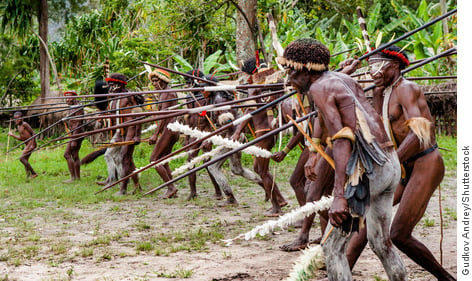 A band of New Guineans charging into battle with spears and arrows dressed in tradional battle dress.