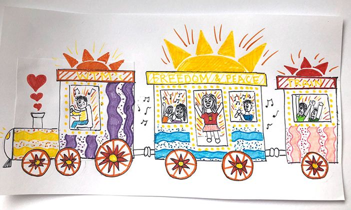 Colourful drawing of a FREEDOM bus by World Transformation Melbourne member Nicoletta