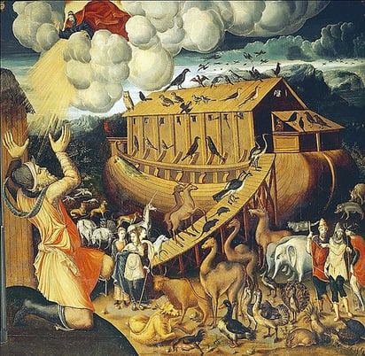 Painting of Noah hearing God’s voice from the heavens as the animals in pairs board his ark while storm clouds gather