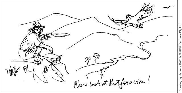 Jeremy Griffith's drawing of a valley view with eagle.