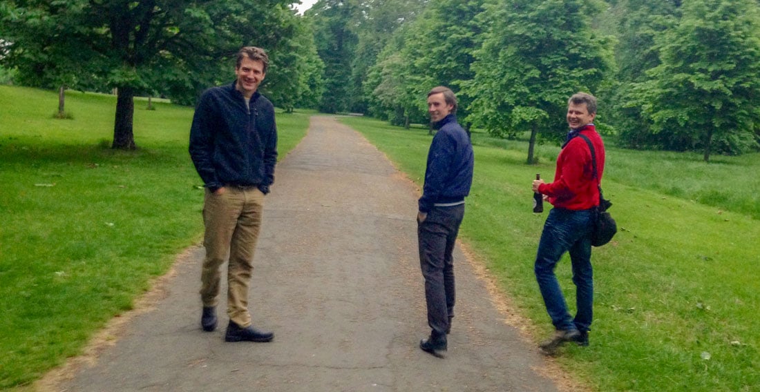World Transformation Movement Sweden Centre founder Olof Österman with Damon and James walking in a park