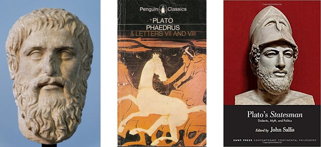 Tríptico mostrando o busto em mármore de Platão e as capas de seus livros Phaedrus e The Statesman