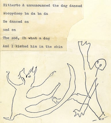 Poem and drawing by Jeremy Griffith of a dancing dog
