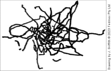 A non-sensical scribble of wobbly tangled lines representing postmodernism. Drawing by Jeremy Griffith.