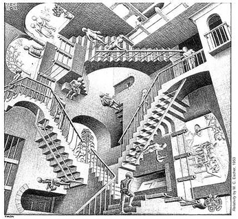 Three flights of stairs drawn so as to create an optical illusion of a continous and endless loop