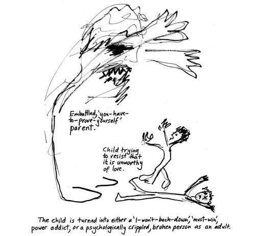 Drawing by Jeremy Griffith of a monstrous figure looming over one child trying to resist and one child prostrate.