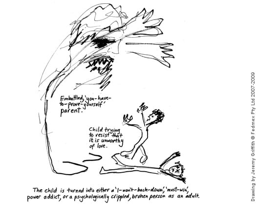 Drawing by Jeremy Griffith illustrating how children become ‘power addicts’ or ‘crippled’