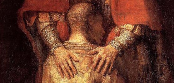 Detail from ‘The Return of the Prodigal Son’ by Rembrandt showing kneeling son embraced by father