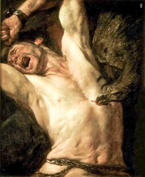 Painting of Prometheus cries out in pain as an eagle begins to eat his liver in ‘The Torture of Prometheus’ by Gioacchino Assereto