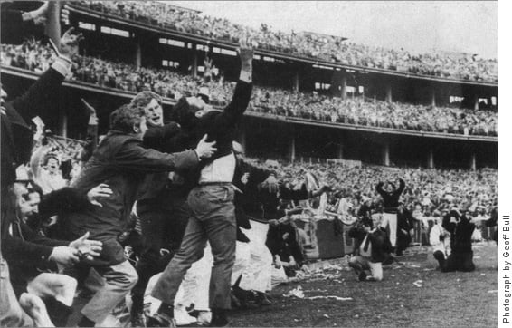 Carlton coach Ron Barassi exalts in his team’s victory in the 1970 Victorian Football League grand final, one of the most memorable ever.