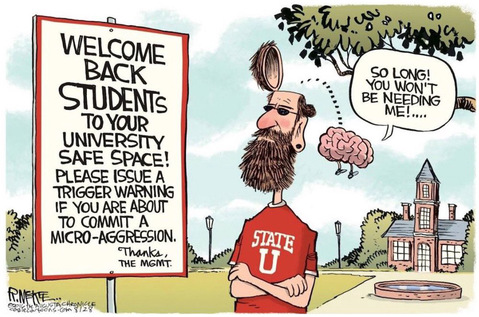 Cartoon of a man’s brain leaving his head as he reads a University ‘safe space’ sign