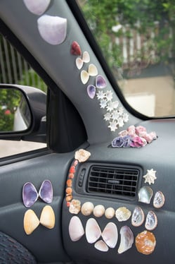 Colourful shell mural by Jeremy Griffith on his car dashboard.