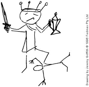 Drawing by Jeremy Griffith of a self-satisfied person with a crown, sword and trophy standing upon a person on the ground.