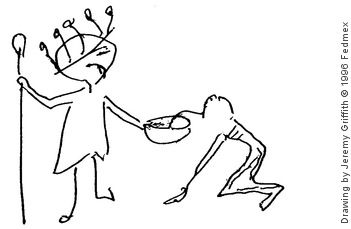 Drawing of a man wearing a crown arrogantly holding out a bowl of food to a starving beggar depicting pseudo idealism