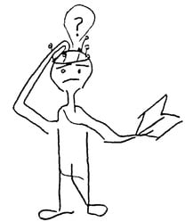 Drawing by Jeremy Griffith of a man looking confused scratching his head struggling with the initial ‘deaf effect’ unable to hear discusion of the human condition