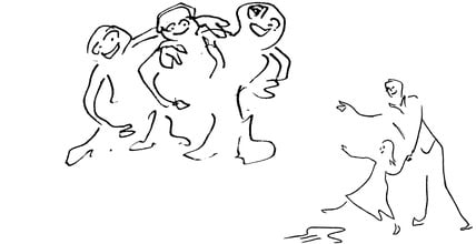 Drawings of three happy people in a close embrace and of an adult holding the hand of a happy child about to jump a puddle.
