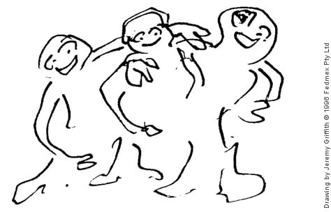 A drawing of three happy smiling people in line, in an arm-in-arm close embrace by Jeremy Griffith.