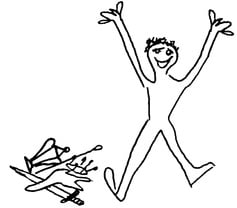 Drawing by Jeremy Griffith of person jumping for joy beside disgarded crown, sceptre, sword and trophy in a pile