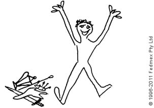Drawing by Jeremy Griffith of figure jumping for joy beside disgarded crown, sceptre, sword and trophy in a pile.